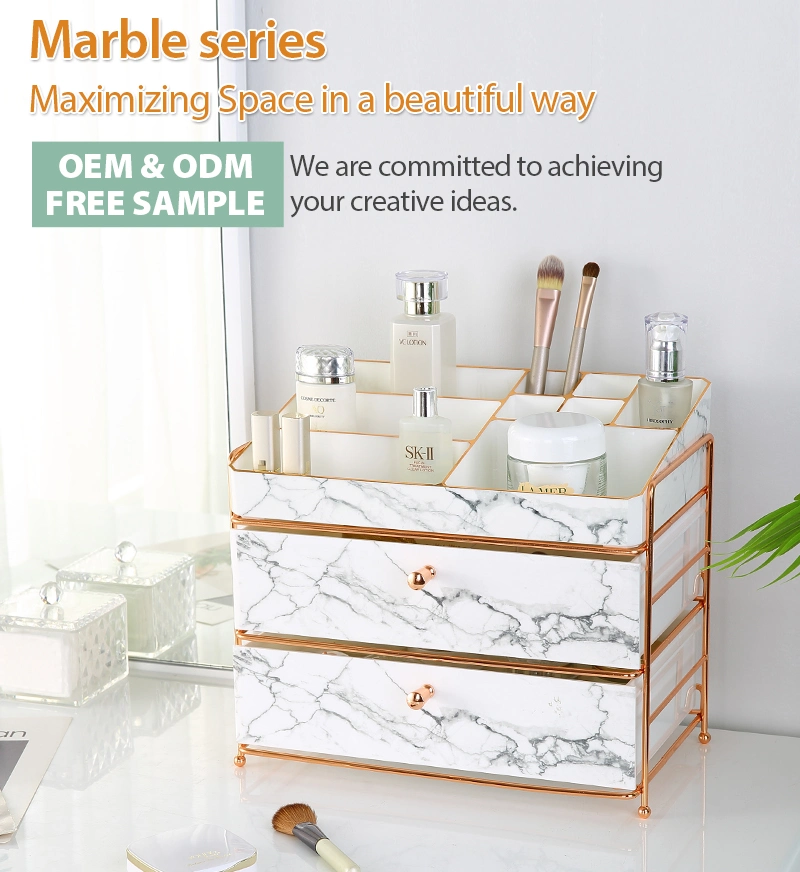 Luxury Drawer Design 3 Tier Small Cosmetic Case Holder Plastic Marble Makeup Organizer for Dressing Table